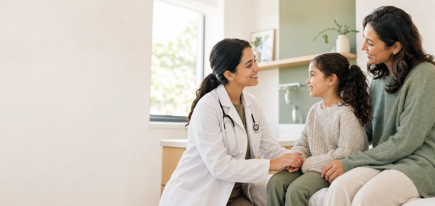 A family physician speaking warmly with a child and her parent.